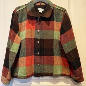 Christopher Banks Women's Plaid Button Front Jacket Size L Fall Orange Brown